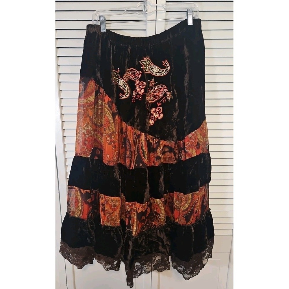 Vintage Gordon James Boho Crinkle Maxi Skirt‎ Women XL Orange & Brown Paisley
